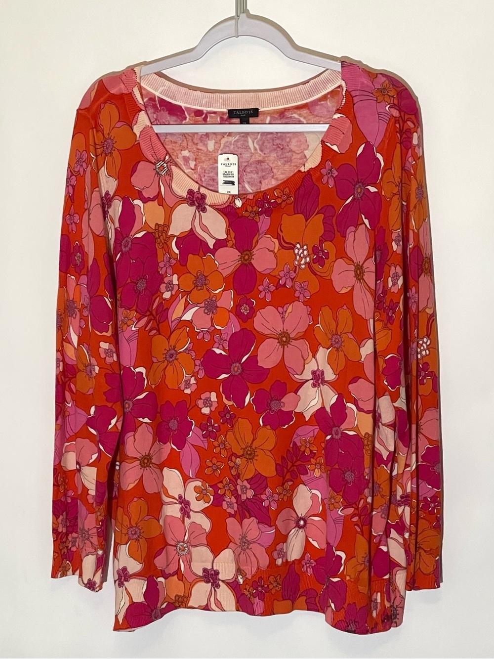 NWT Talbots Tossed Flowers Pink Orange Retro Floral Cotton Blend Sweater 2XL - Picture 2 of 8